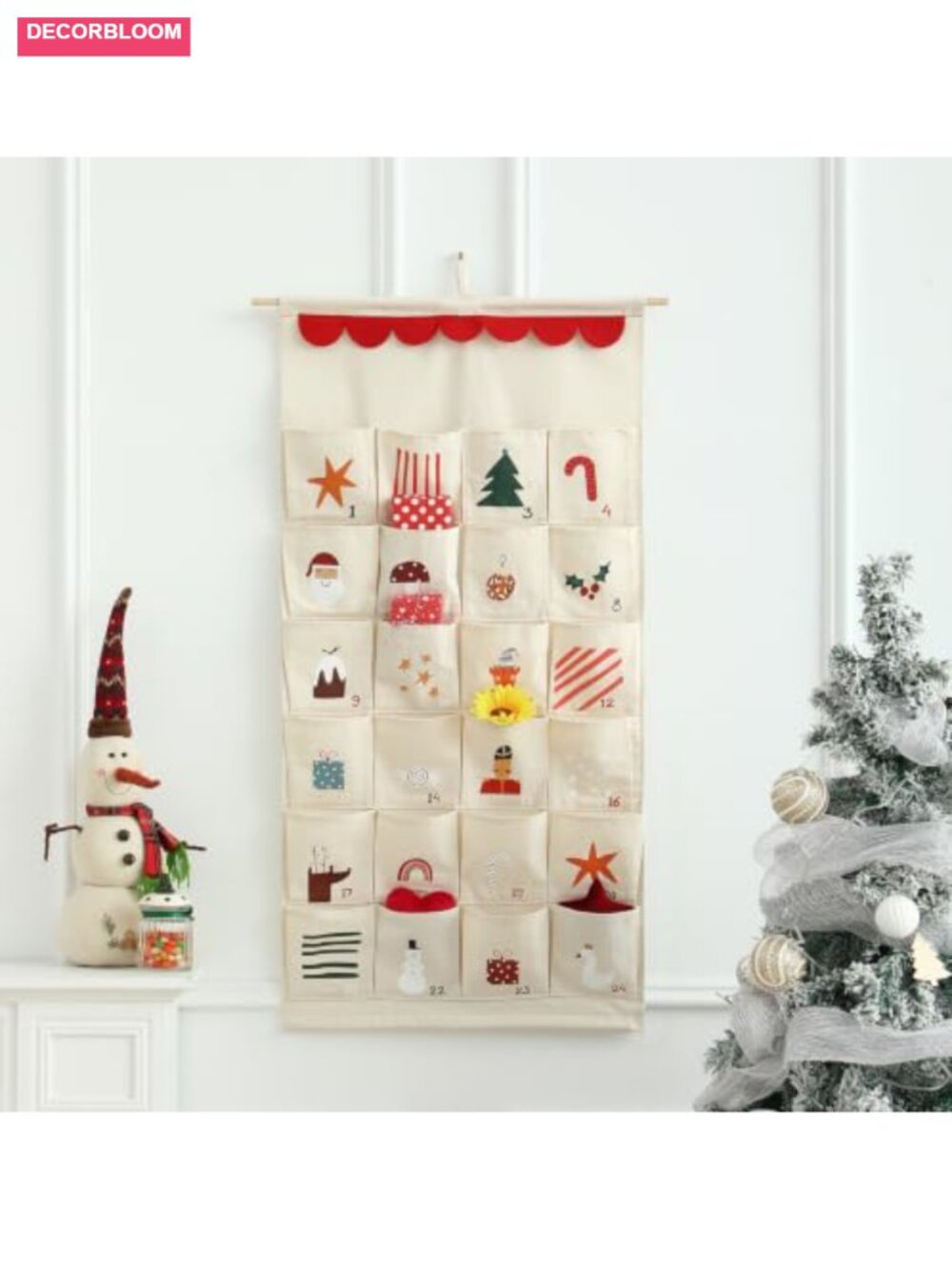 Fabric Hanging Advent Calendar with Pockets Reusable Canvas 42x20